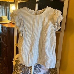 Blue and white stripped flutter sleeve blouse